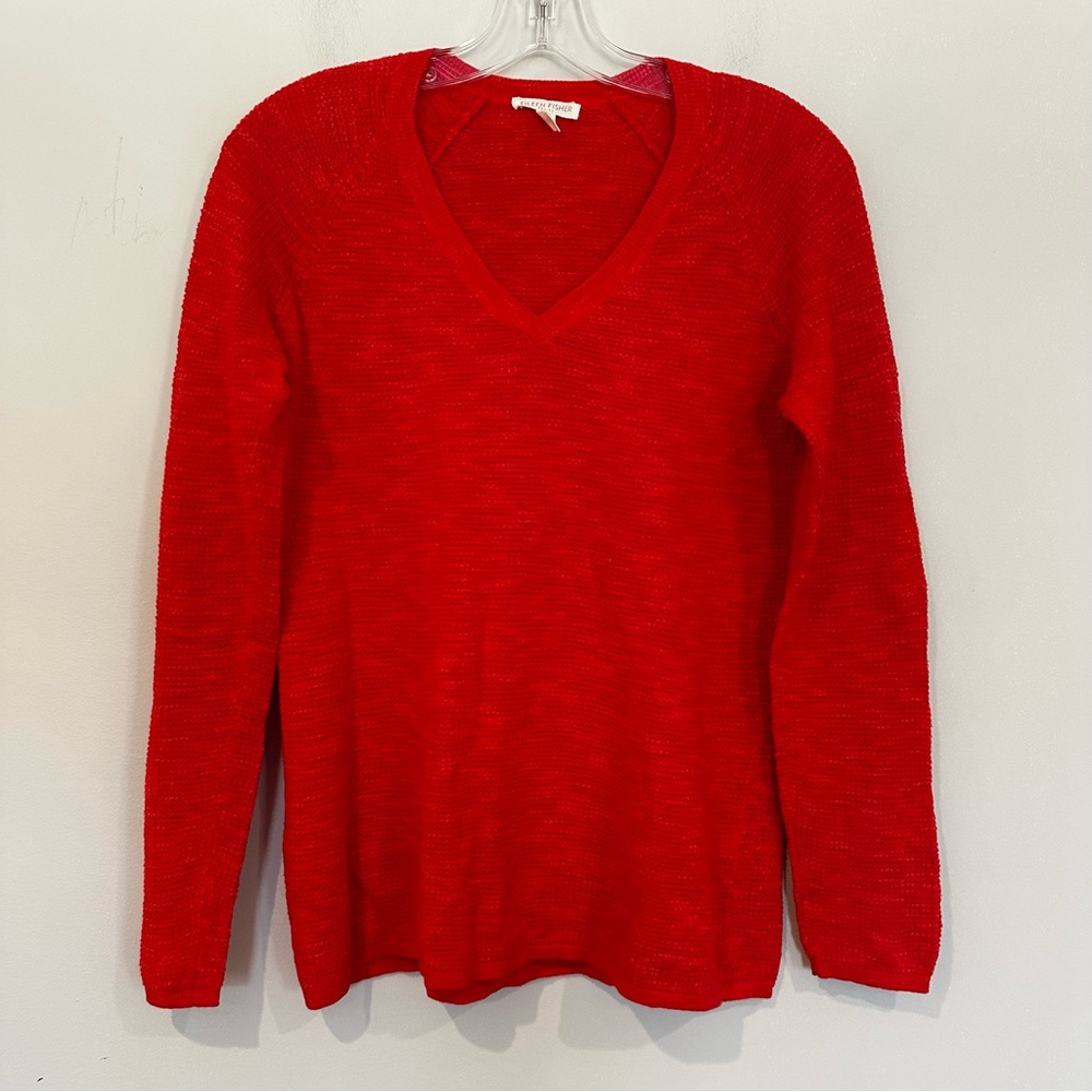 Eileen Fisher Linen V-Neck Sweater Women's Medium Petite Orange Preppy Classic
